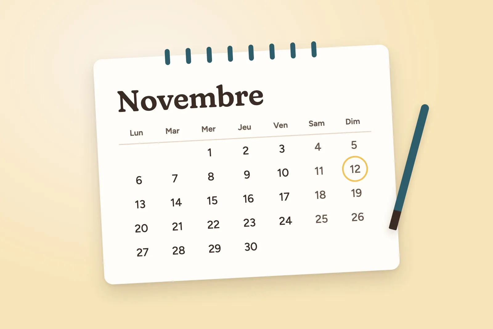 Illustration d'un calendrier français du mois de novembre, un jour entouré en jaune, un crayon posé à côté.